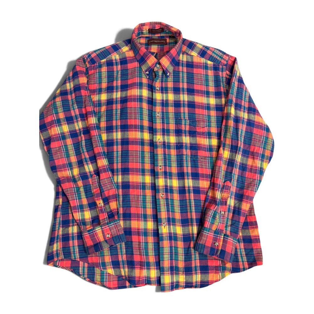Vintage 80s Chaps Ralph Lauren Pink Plaid Brushed Cotton Flannel Shirt Mens L